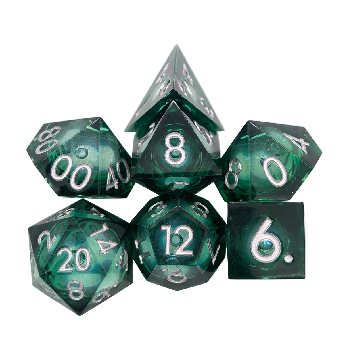 Shimmer Green and Silver Liquid Core Dice Set