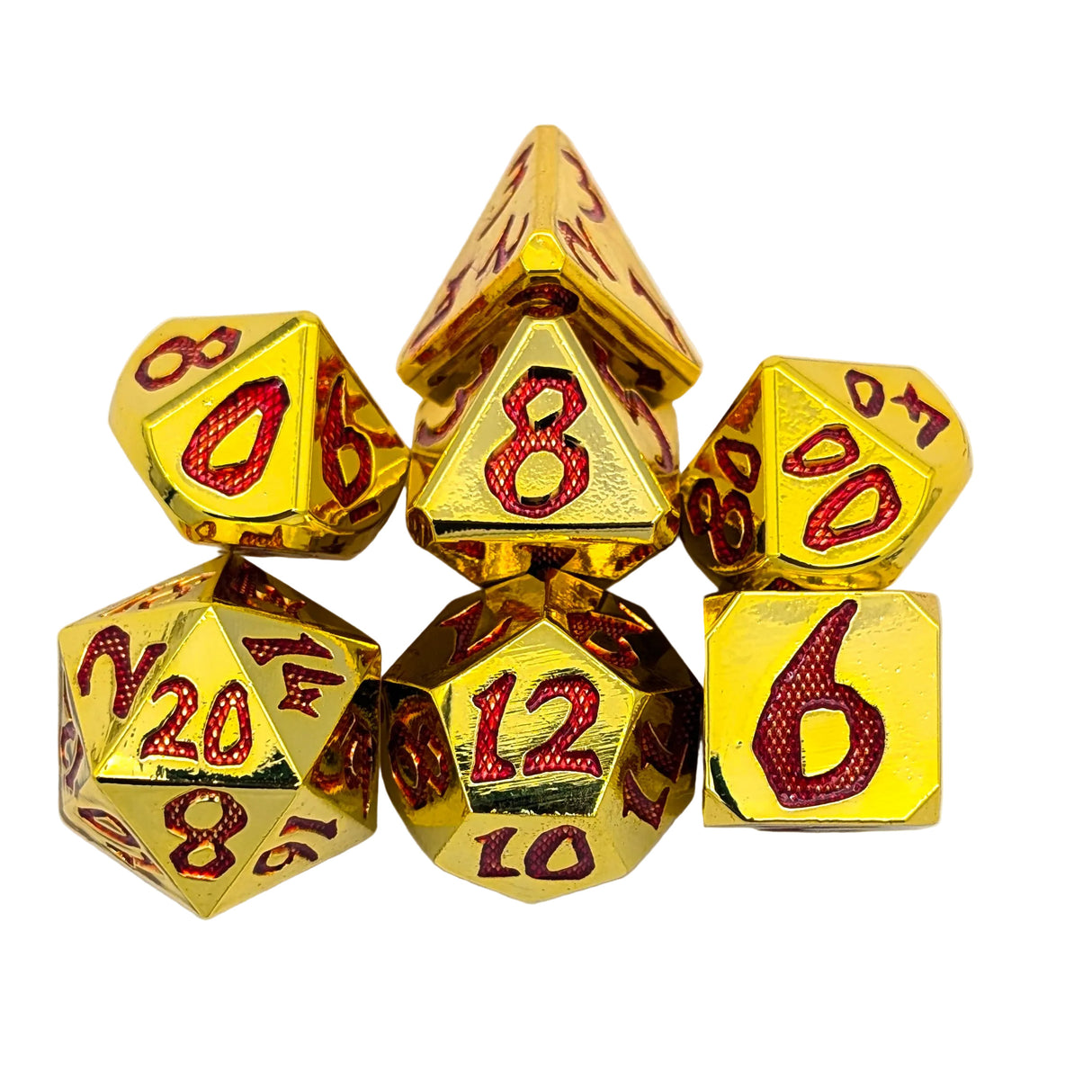 Large Number Gold and Red Metal Dice Set