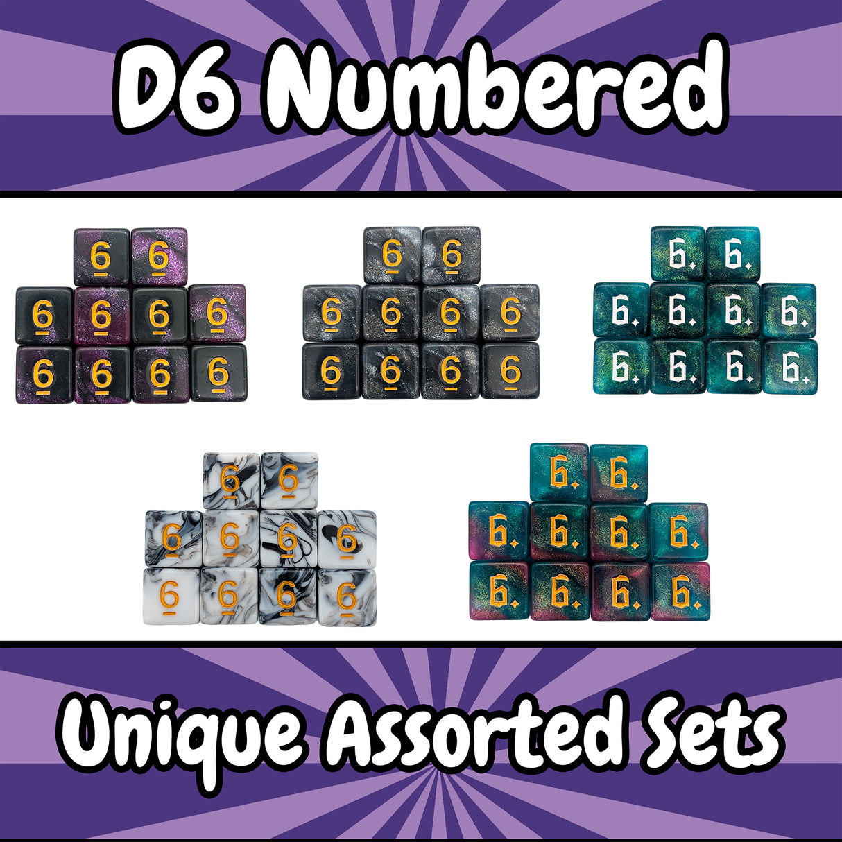 Assorted Numbered D6s (10 Sets)