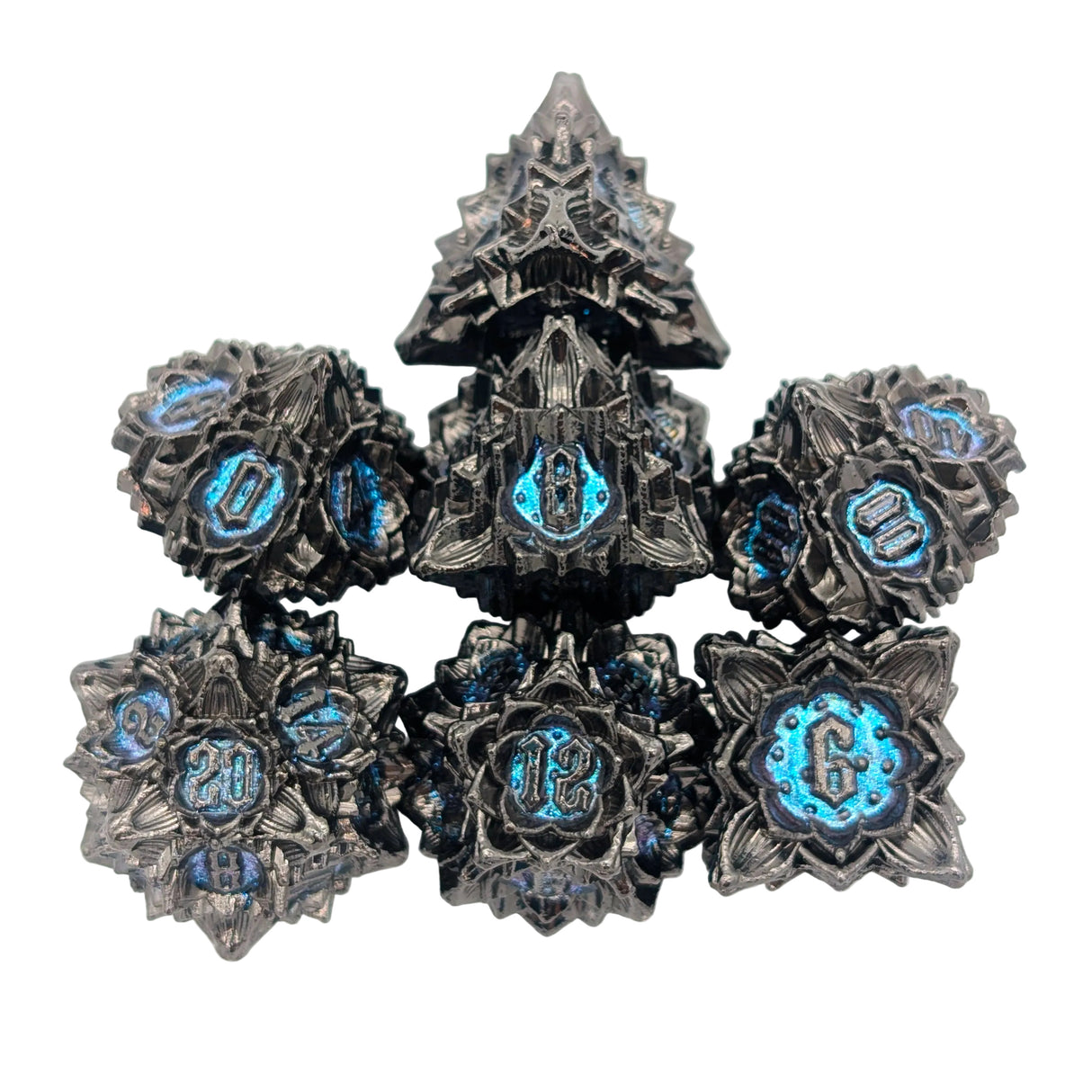 Flower Black and Blue Metal Dice Set