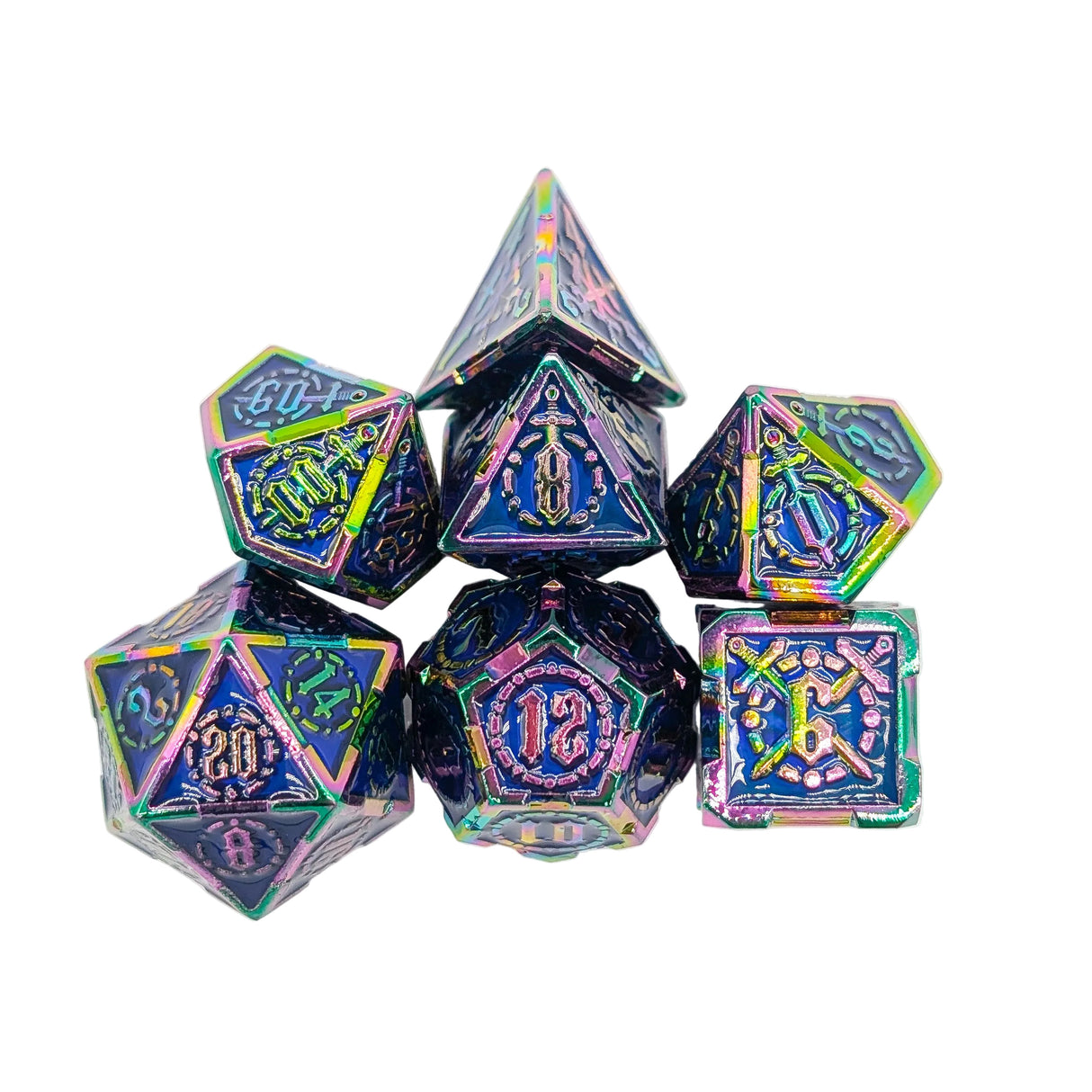 Swords Blue and Rainbow Metal Dice Set