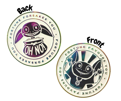 Two metal designs showing front and back views with cartoon character and text.