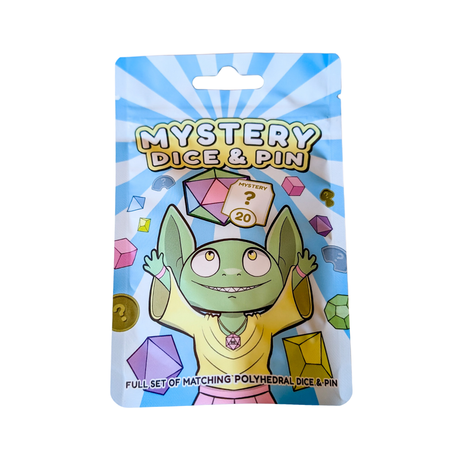 Colourful packaging for bulk wholesale mystery dice and pin set with cartoon goblin on a white background