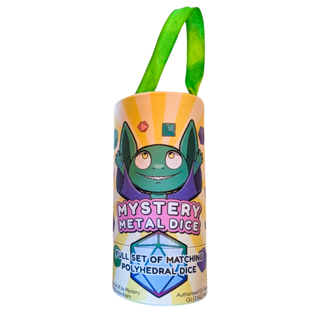 Premium metal dice set packaging with a cartoon goblin, wholesale bulk mystery metal dice.