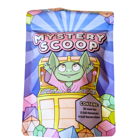 Packaging for Mystery Scoop Bag featuring a cartoon-style goblin character with a treasure chest, surrounded by colourful dnd dice, and text detailing the contents of the package.